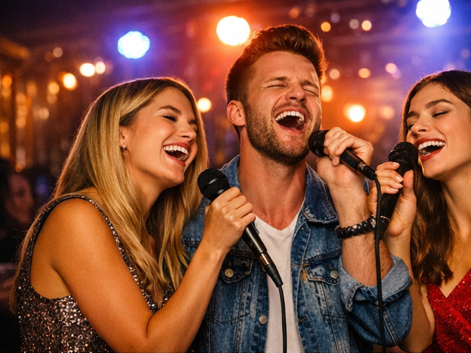Drei Personen singen mit Mikrofonen in einer lebhaften Atmosphäre.