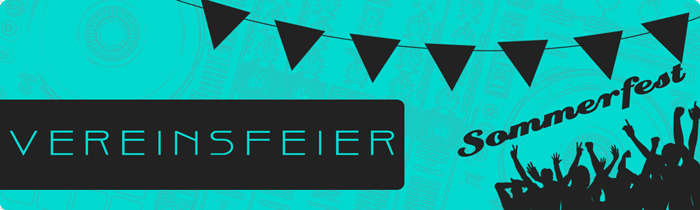 Silhouetten von Menschen, die bei einem Firmen-Event feiern, vor blauem Hintergrund.