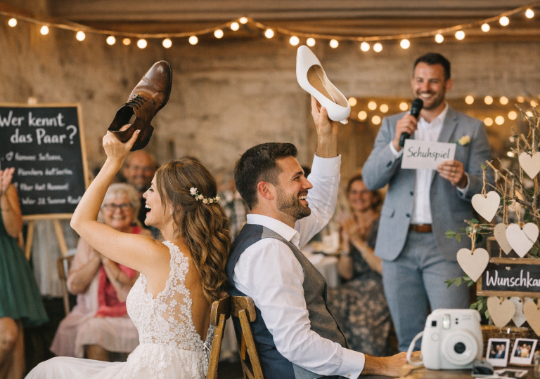 Hochzeitsfeier mit Braut und Bräutigam, die Schuhe halten, während Gäste lachen und applaudieren.