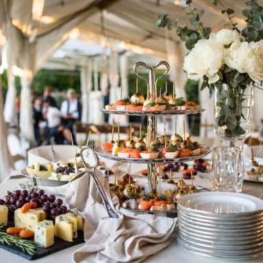 Elegante Festtafel mit Buffet, Blumenarrangements und verschiedenen Köstlichkeiten.