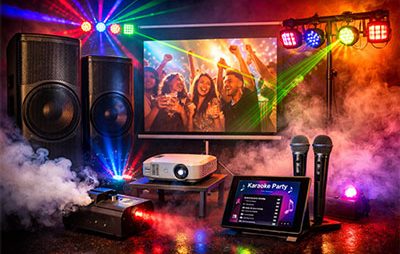 Karaoke-Setup mit Lautsprechern, Beamer, Leinwand und bunten Lichtern.