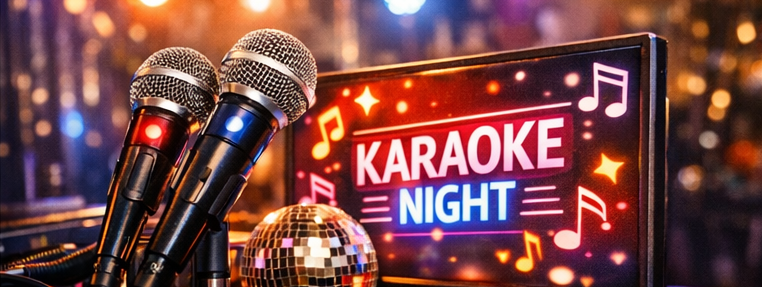 Karaoke Service - DJ Mirko Anders Mikrofone und ein Bildschirm mit der Aufschrift "Karaoke Night" auf festlichem Hintergrund.