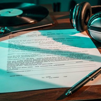 Ein Schreibtisch mit einem Dokument, Kopfhörern und einer Schallplatte.