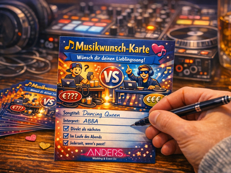 Hand, die eine Musik-Karte ausfüllt, mit DJ-Elementen im Hintergrund.