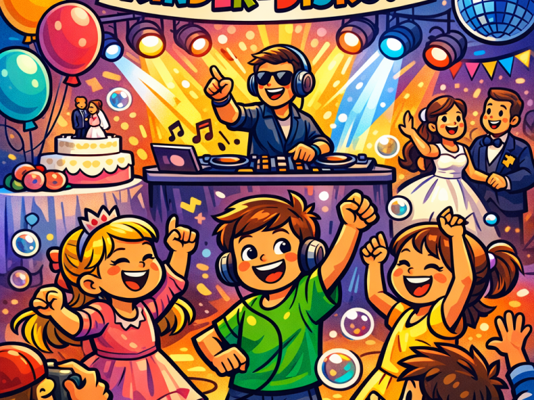 Kinder tanzen und feiern auf einer fröhlichen Party mit Musik und Dekoration.