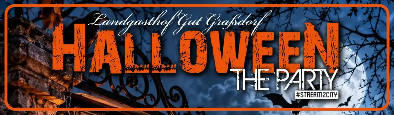 Halloween - The Party Halloween-Themenparty-Logo mit orangefarbener Schrift auf schwarzem Hintergrund.