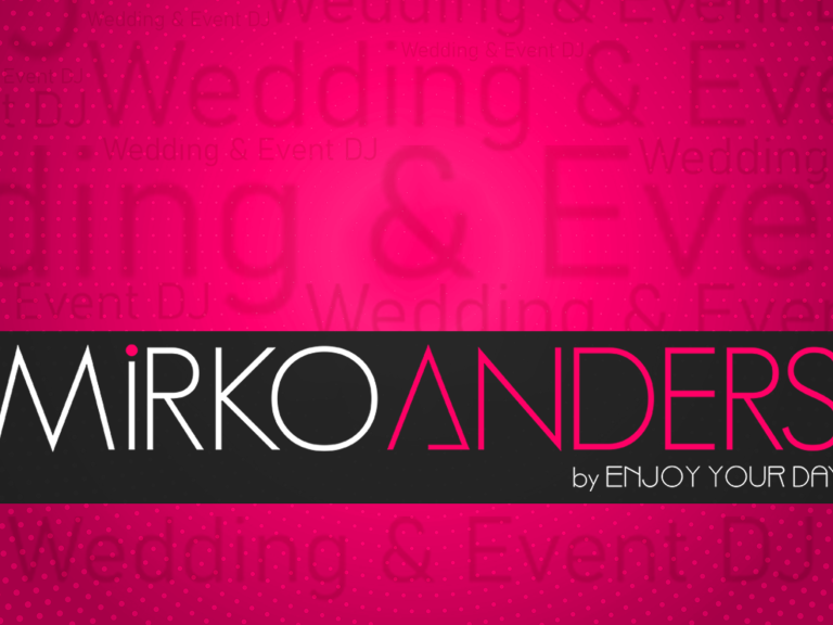 Logo von Mirko Anders, spezialisiert auf Hochzeiten und Events, auf pinkem Hintergrund.
