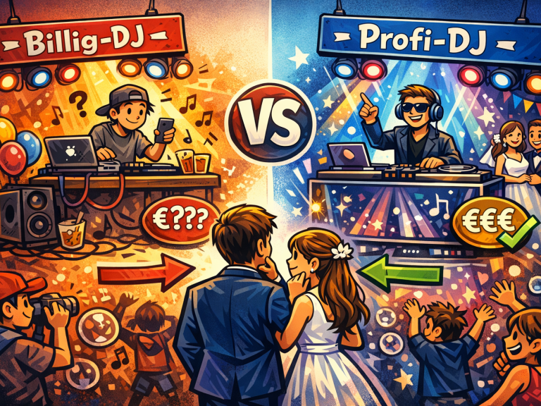 Billing-DJ kämpft gegen Profi-DJ bei einer Hochzeitsfeier mit tanzenden Gästen.
